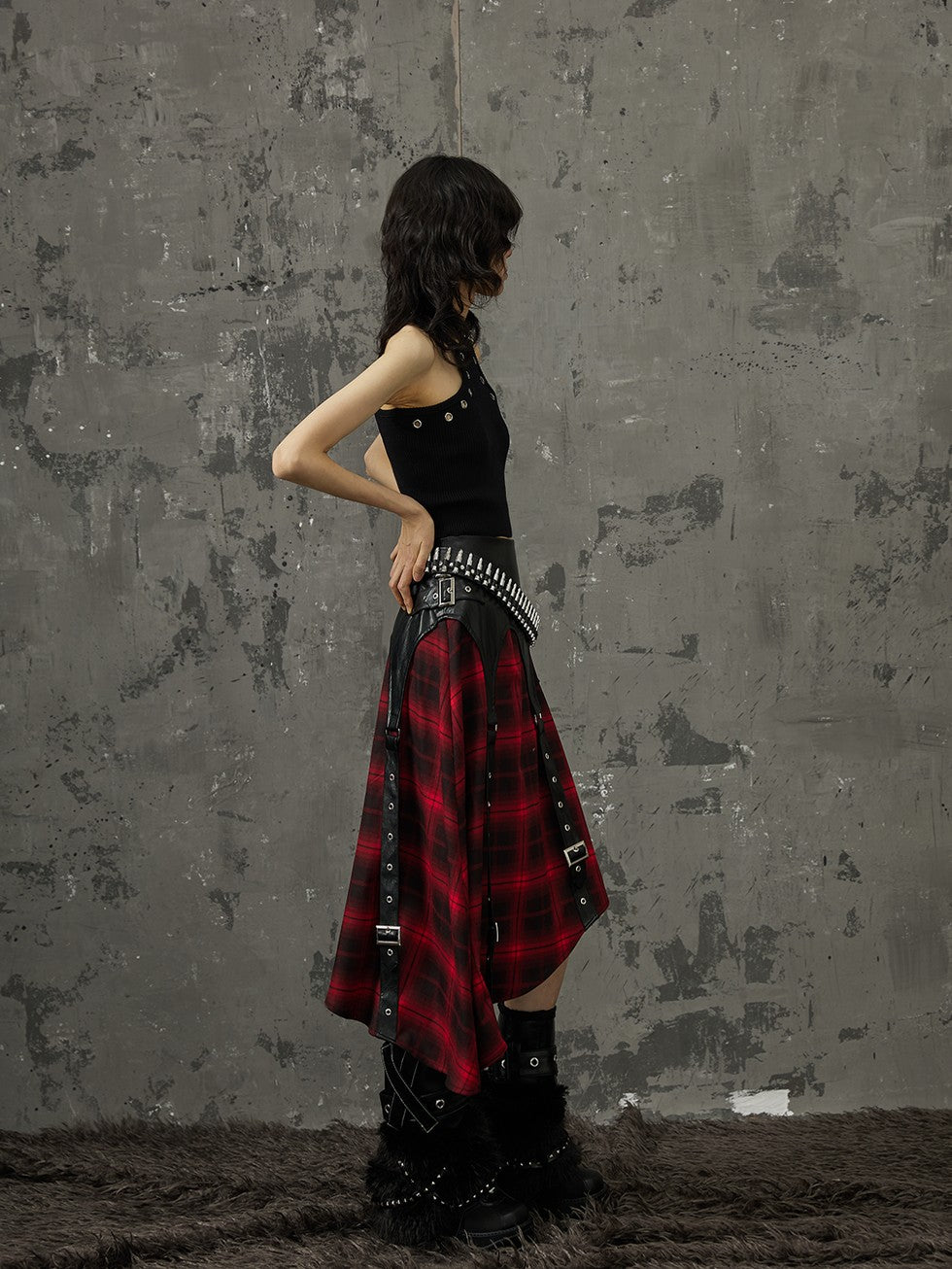 Frustration Garden Black Red Plaid Patchwork Asymmetrical Rock Women&