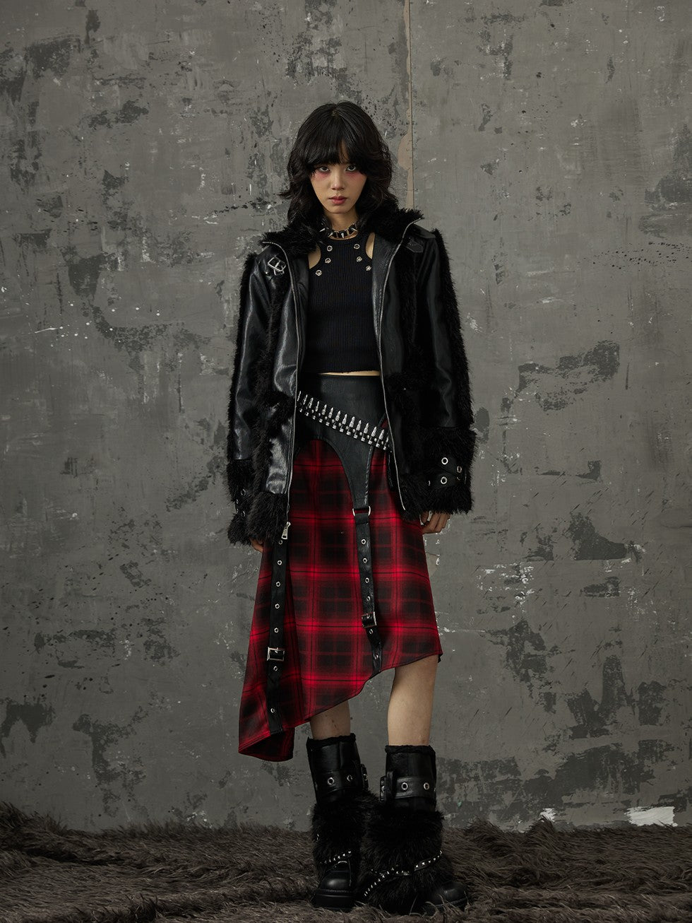 Frustration Garden Black Red Plaid Patchwork Asymmetrical Rock Women&