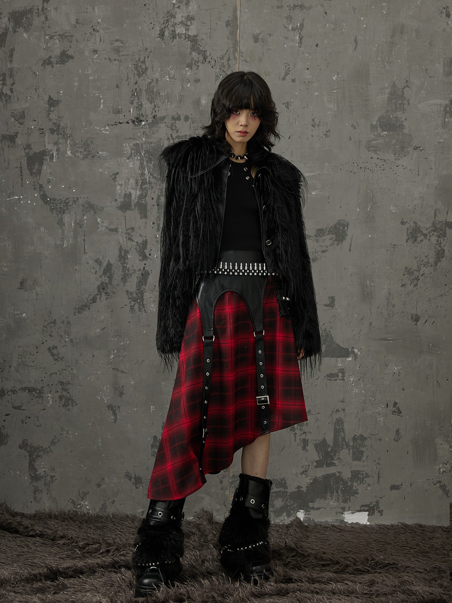 Frustration Garden Black Red Plaid Patchwork Asymmetrical Rock Women&
