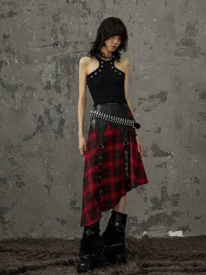 Frustration Garden Black Red Plaid Patchwork Asymmetrical Rock Women&