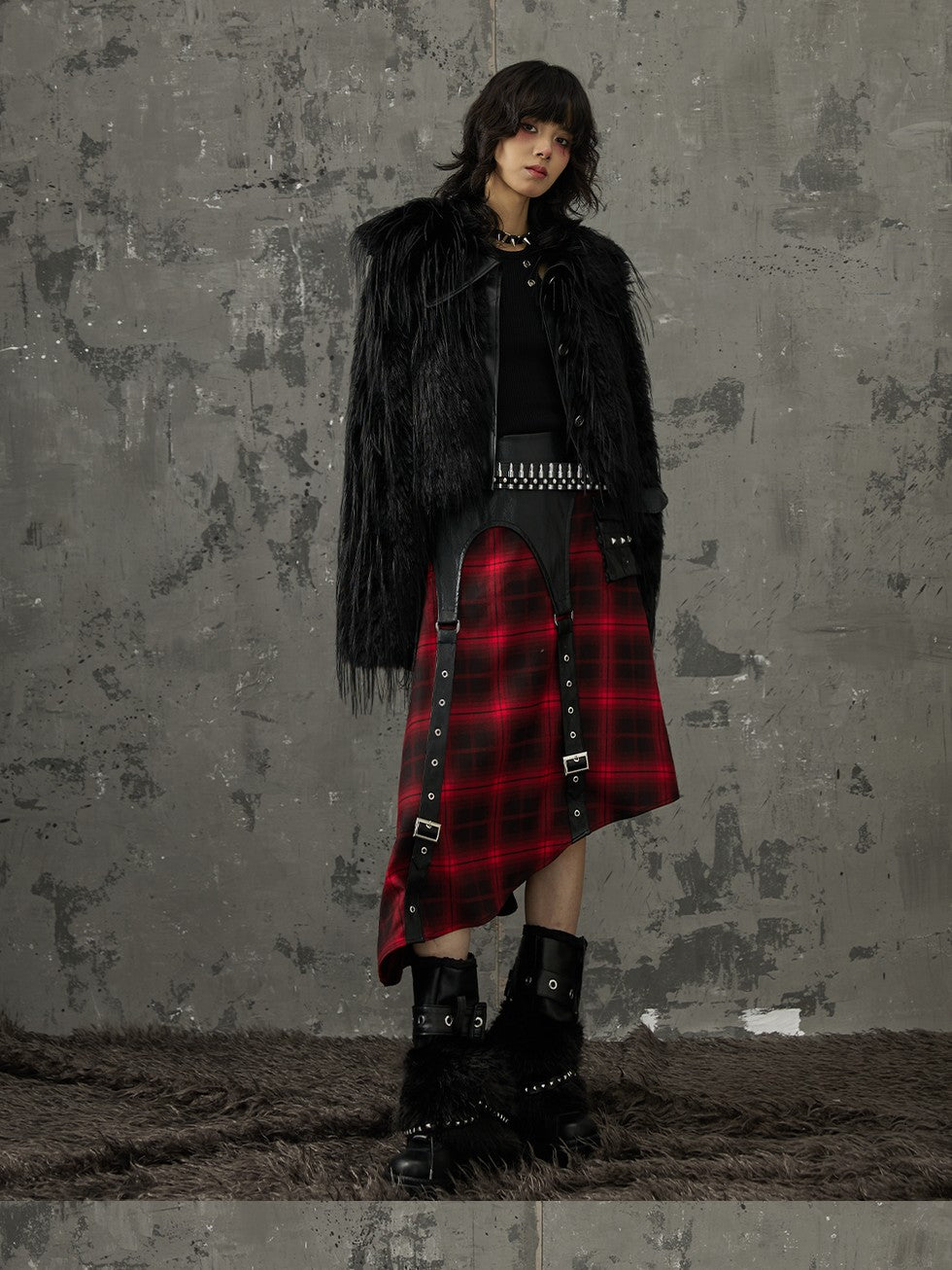 Frustration Garden Black Red Plaid Patchwork Asymmetrical Rock Women&