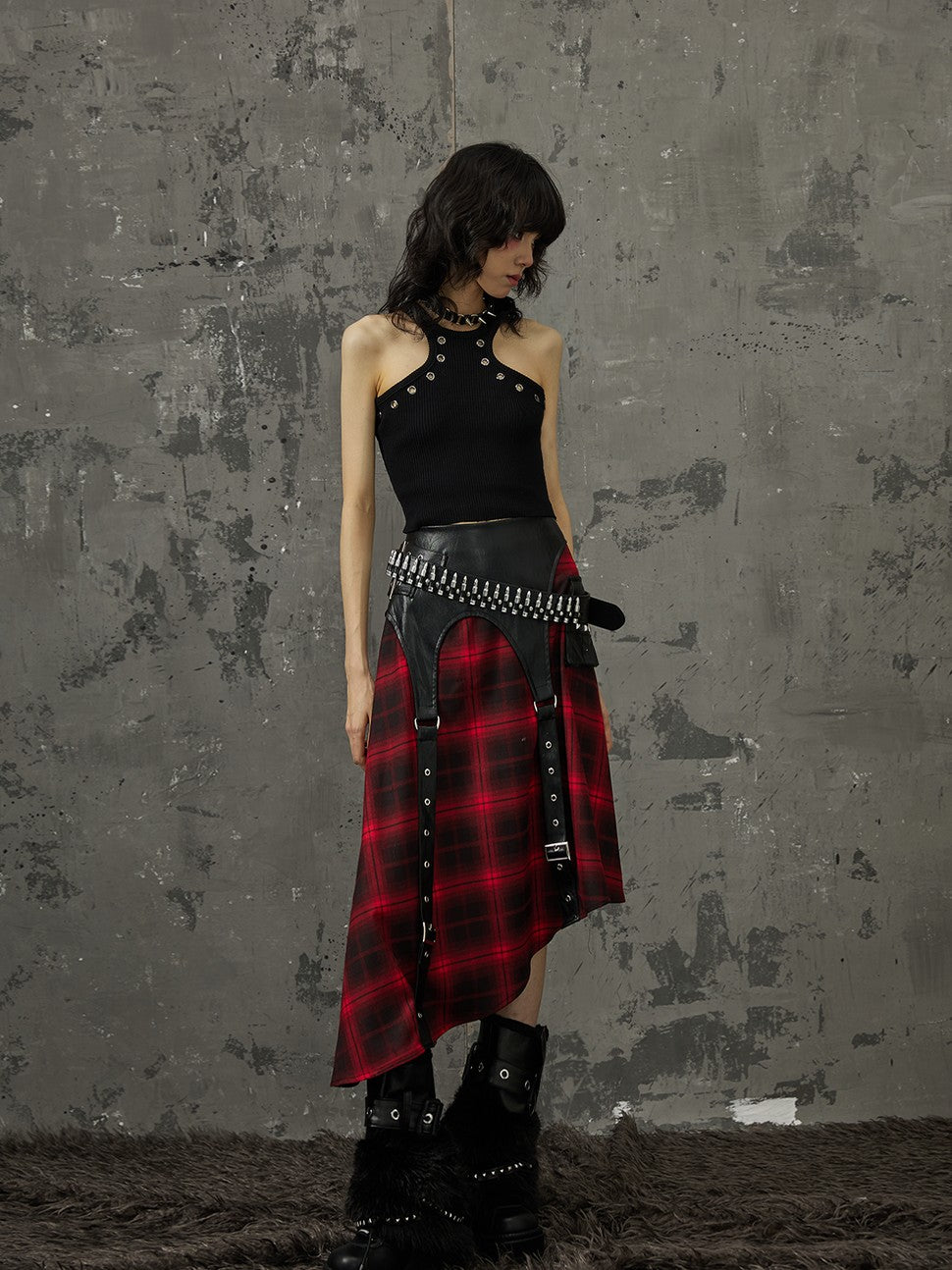 Frustration Garden Black Red Plaid Patchwork Asymmetrical Rock Women&