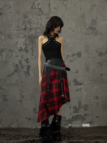 Frustration Garden Black Red Plaid Patchwork Asymmetrical Rock Women&