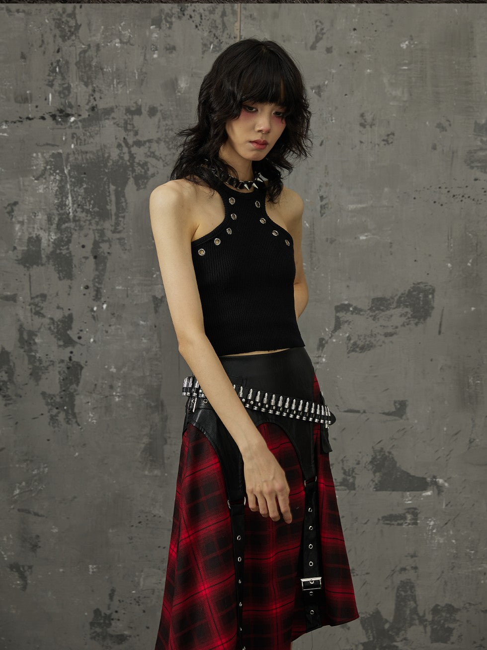 Frustration Garden Black Red Plaid Patchwork Asymmetrical Rock Women&