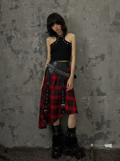 Frustration Garden Black Red Plaid Patchwork Asymmetrical Rock Women&
