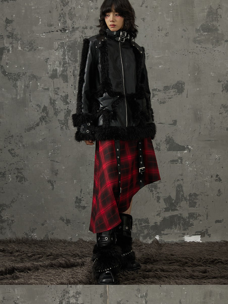 Frustration Garden Black Red Plaid Patchwork Asymmetrical Rock Women&