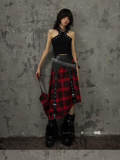 Frustration Garden Black Red Plaid Patchwork Asymmetrical Rock Women&