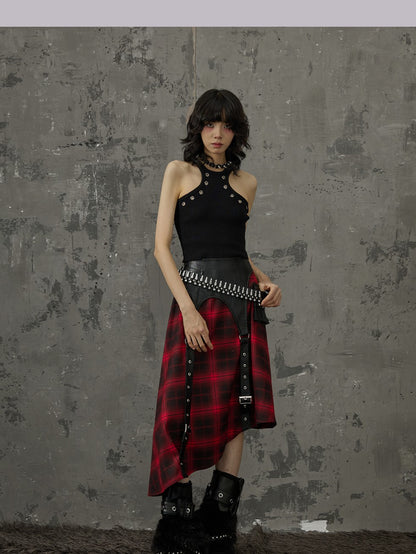 Frustration Garden Black Red Plaid Patchwork Asymmetrical Rock Women&