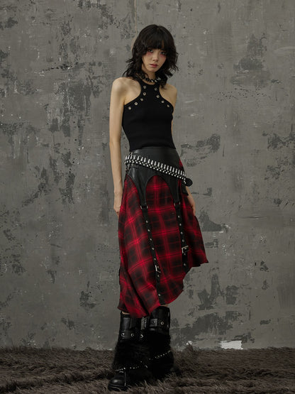 Frustration Garden Black Red Plaid Patchwork Asymmetrical Rock Women&
