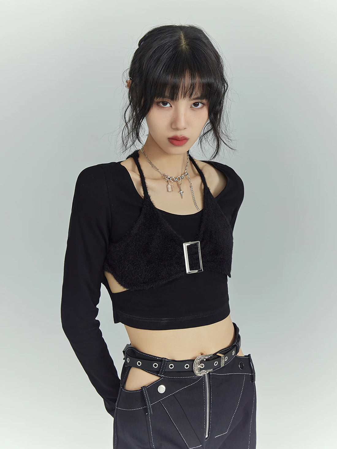 Black Sweet Cool Cut Out Layered Knit Top