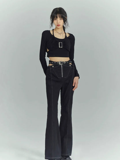 Black Sweet Cool Cut Out Layered Knit Top