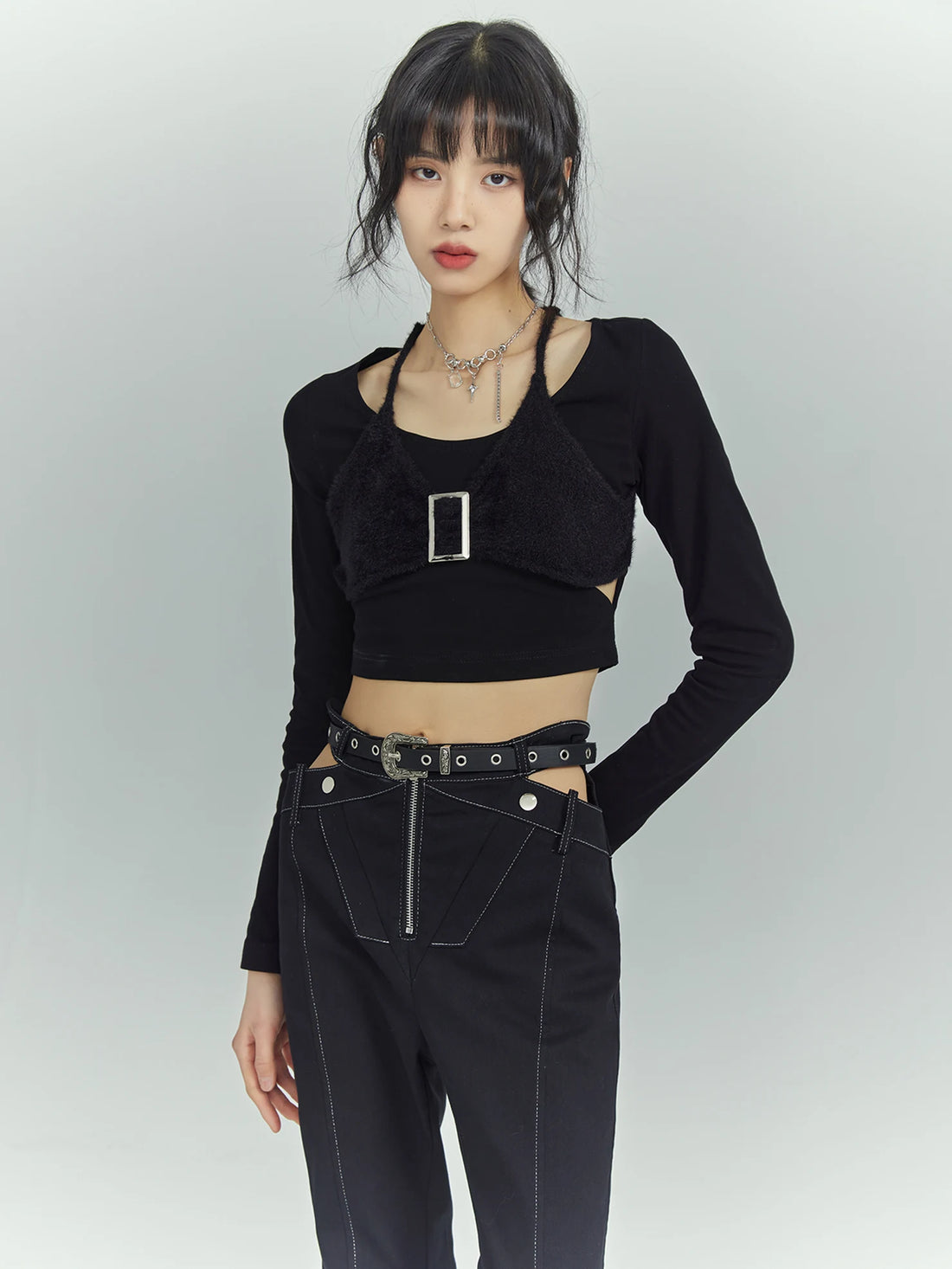 Black Sweet Cool Cut Out Layered Knit Top
