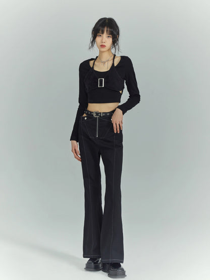 Black Sweet Cool Cut Out Layered Knit Top