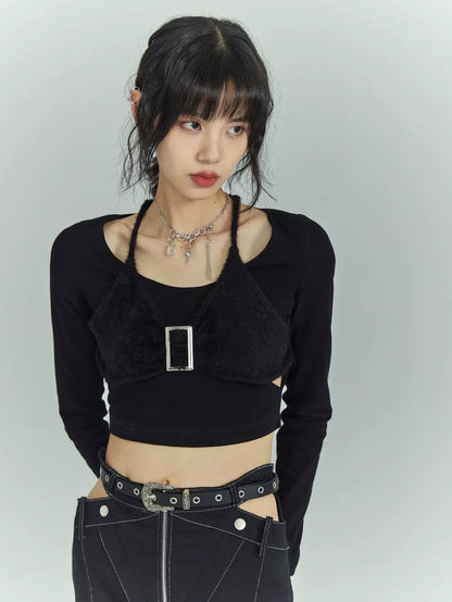 Black Sweet Cool Cut Out Layered Knit Top
