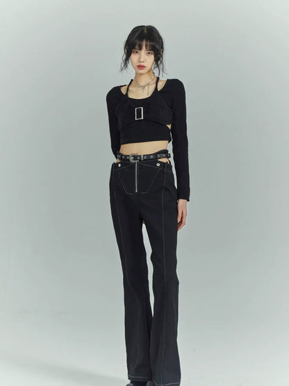 Black Sweet Cool Cut Out Layered Knit Top
