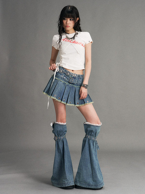 Blue Punk Distressed Low Waist Belted Zip Women's Denim A-line Skirts