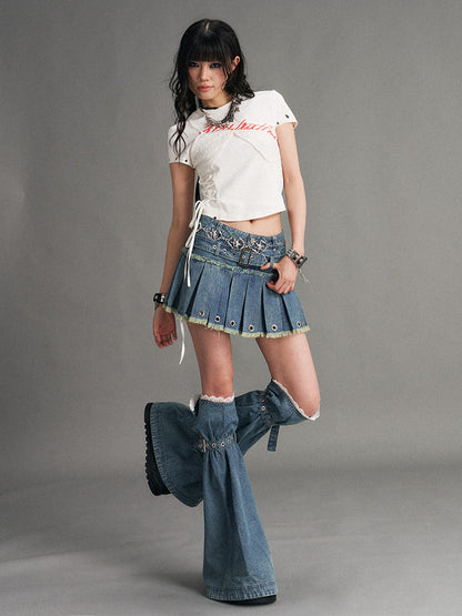 Frustration Garden Blue Punk Distressed Low Waist Belted Zip Women&