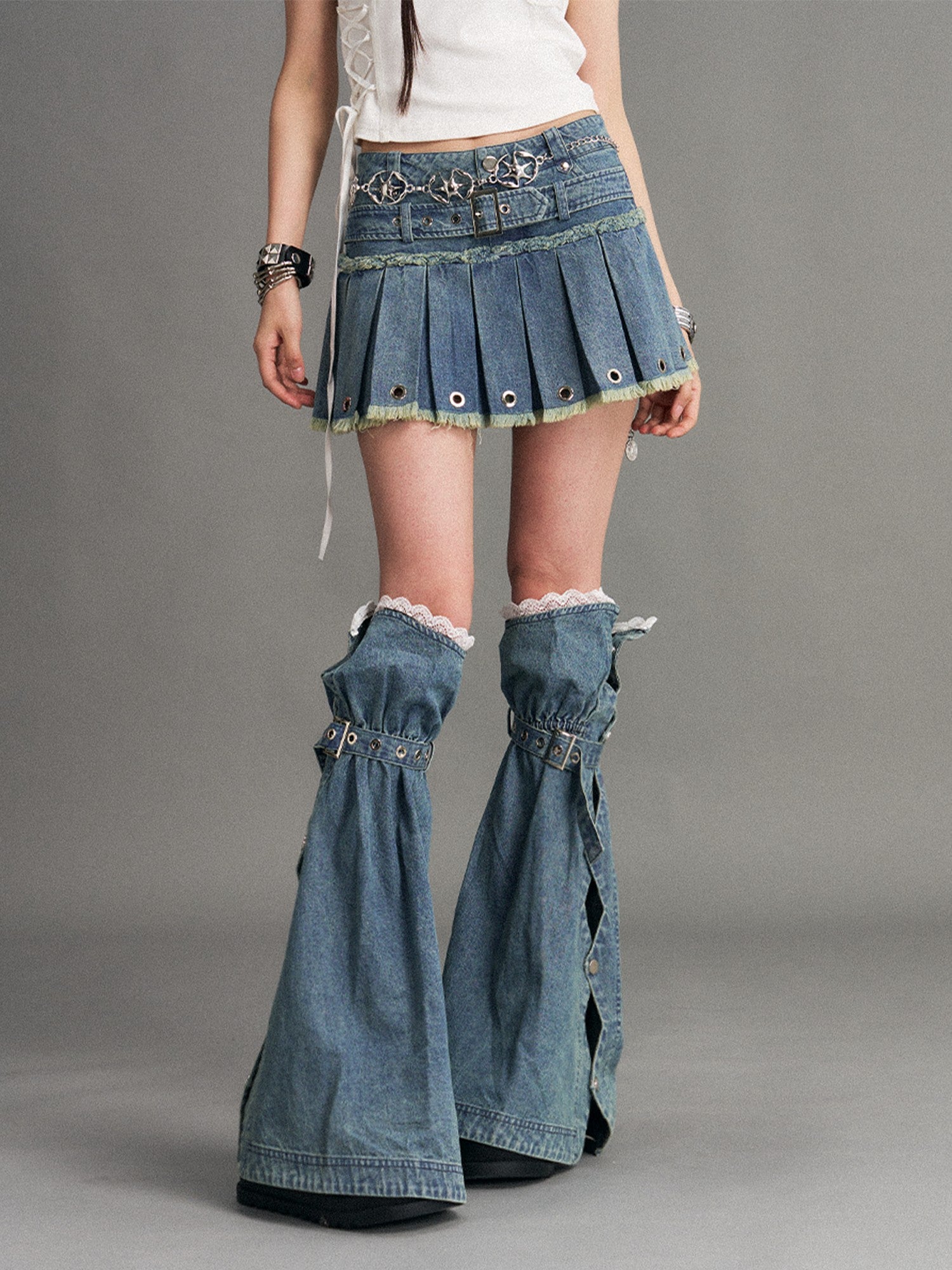 Frustration Garden Blue Punk Distressed Low Waist Belted Zip Women&