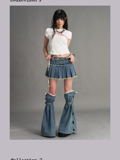 Frustration Garden Blue Punk Distressed Low Waist Belted Zip Women&