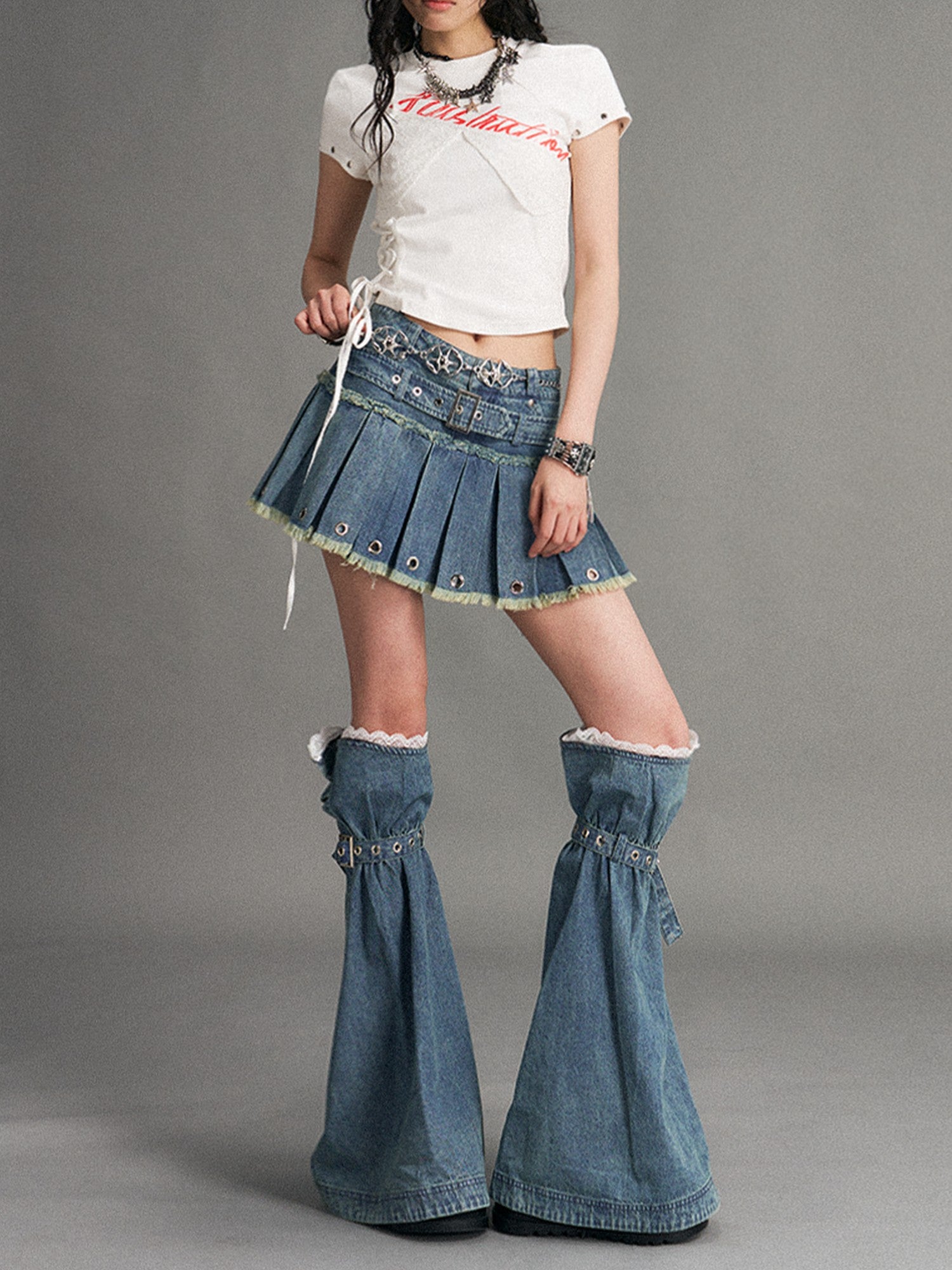 Frustration Garden Blue Punk Distressed Low Waist Belted Zip Women&