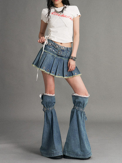 Frustration Garden Blue Punk Distressed Low Waist Belted Zip Women&