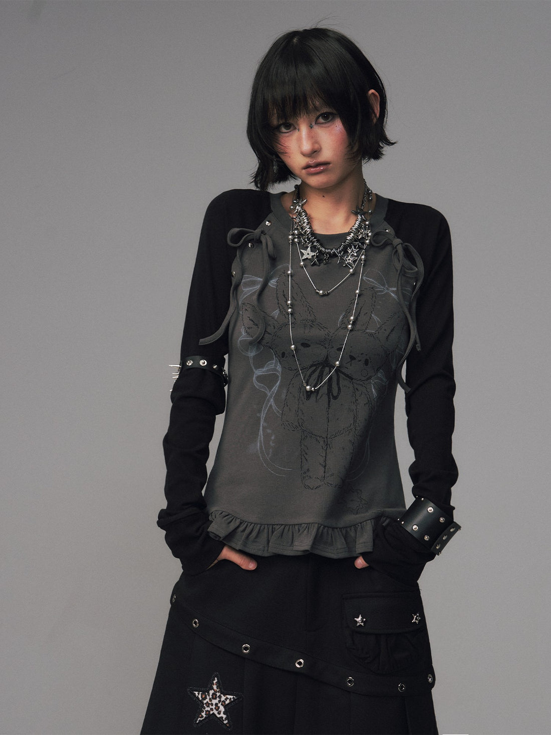 Frustration Garden Bow Lace Print Studded Raglan Slim Women&