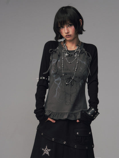Frustration Garden Bow Lace Print Studded Raglan Slim Women&