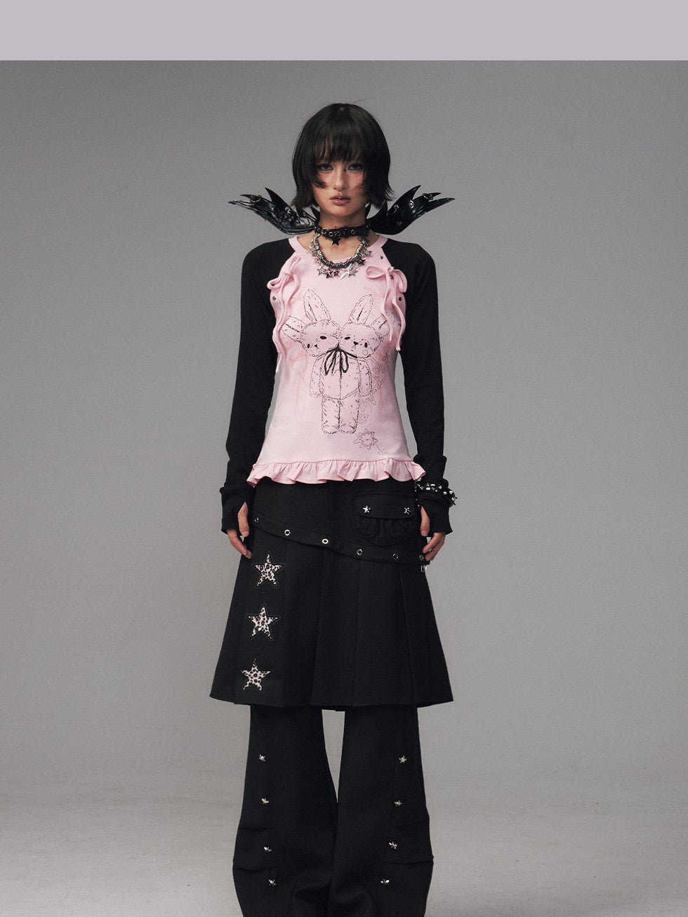 Frustration Garden Bow Lace Print Studded Raglan Slim Women&