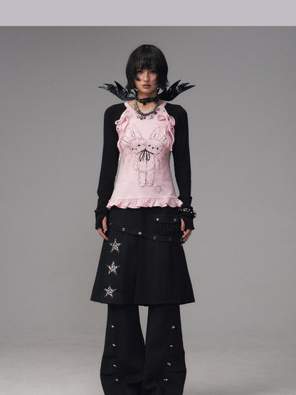 Frustration Garden Bow Lace Print Studded Raglan Slim Women&