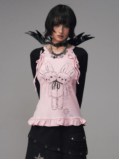 Frustration Garden Bow Lace Print Studded Raglan Slim Women&