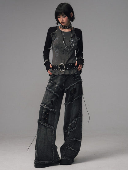 Frustration Garden Bow Lace Print Studded Raglan Slim Women&