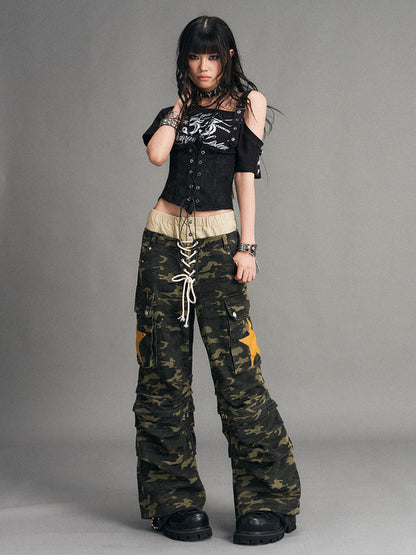 Frustration Garden Camouflage Detachable Patchwork Double Waist Low Rise Women&