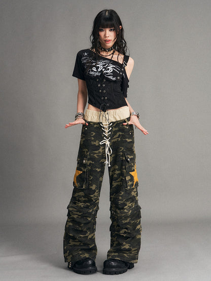 Frustration Garden Camouflage Detachable Patchwork Double Waist Low Rise Women&