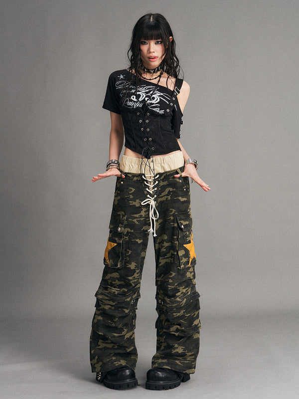Camouflage Detachable Patchwork Double Waist Low Rise Women's Wide-leg Pants