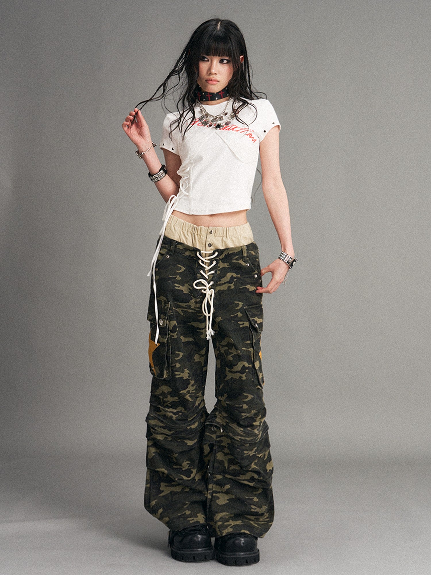 Frustration Garden Camouflage Detachable Patchwork Double Waist Low Rise Women&