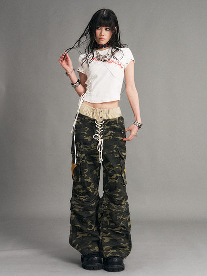 Frustration Garden Camouflage Detachable Patchwork Double Waist Low Rise Women&