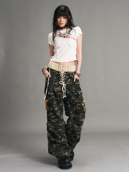 Frustration Garden Camouflage Detachable Patchwork Double Waist Low Rise Women&
