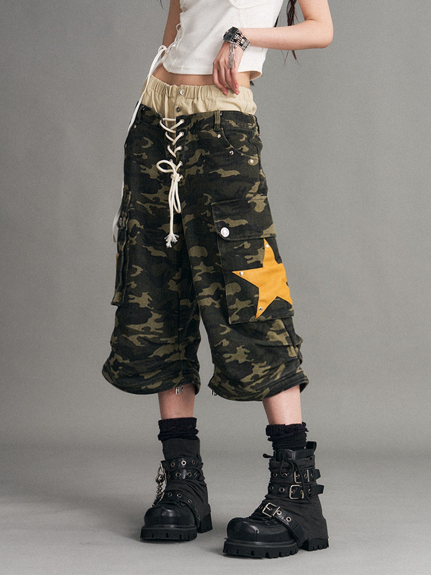 Frustration Garden Camouflage Detachable Patchwork Double Waist Low Rise Women&