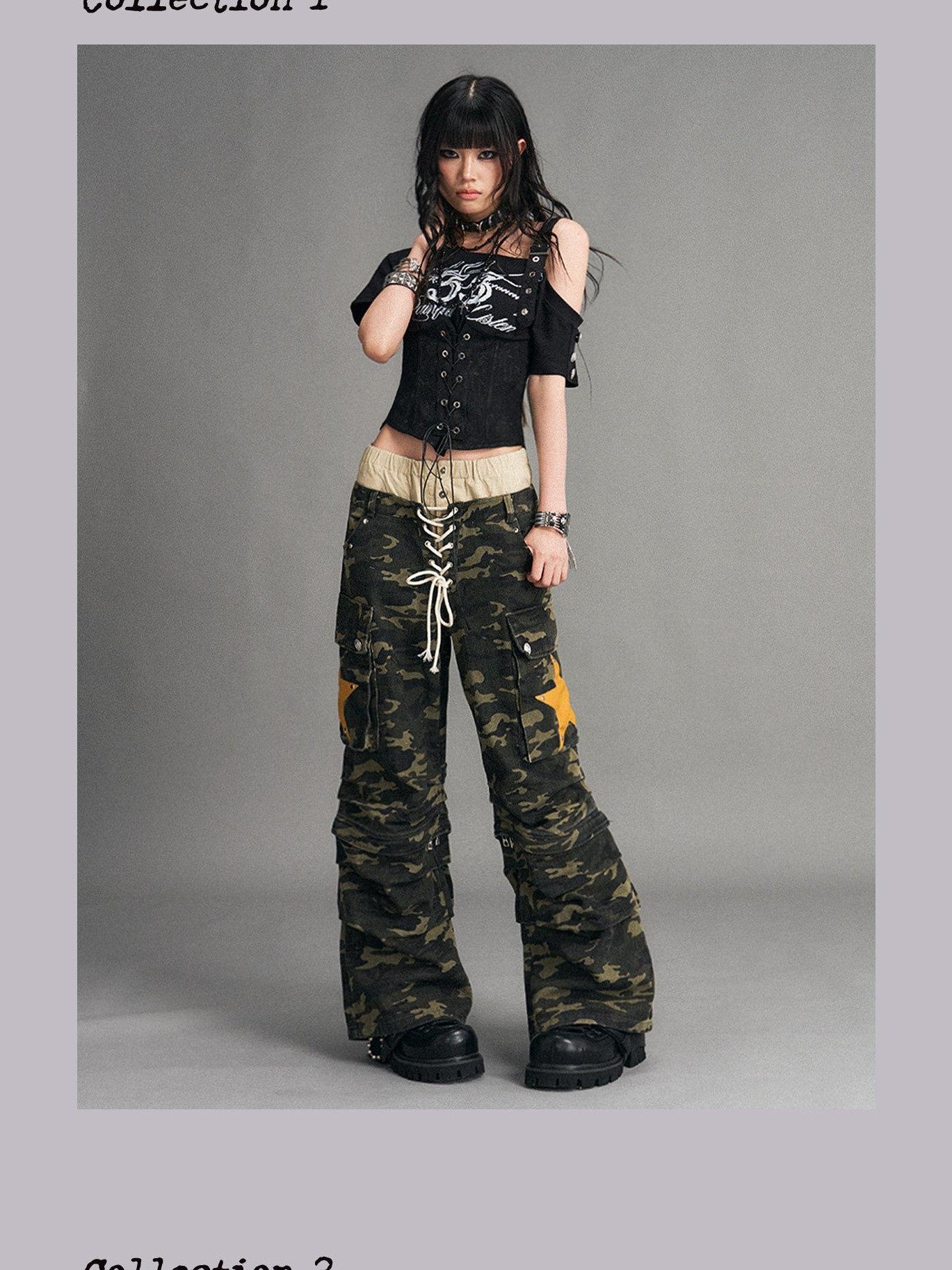 Frustration Garden Camouflage Detachable Patchwork Double Waist Low Rise Women&