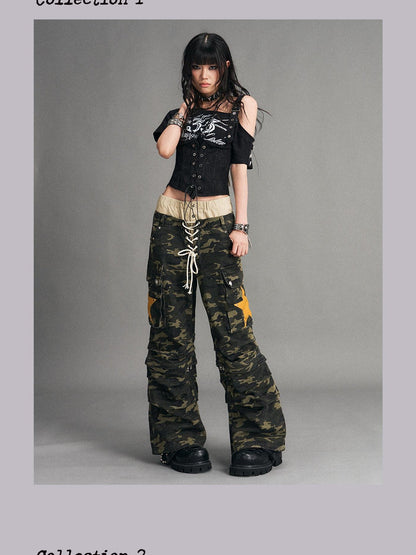 Frustration Garden Camouflage Detachable Patchwork Double Waist Low Rise Women&