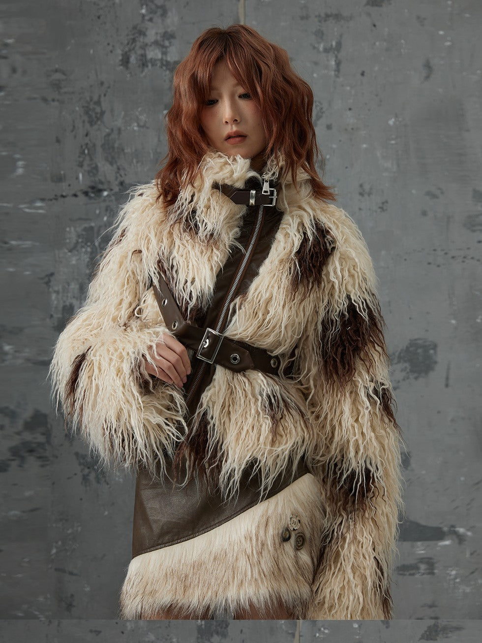 Frustration Garden Cow Brown Patchwork Cross Asymmetric Zip Women&