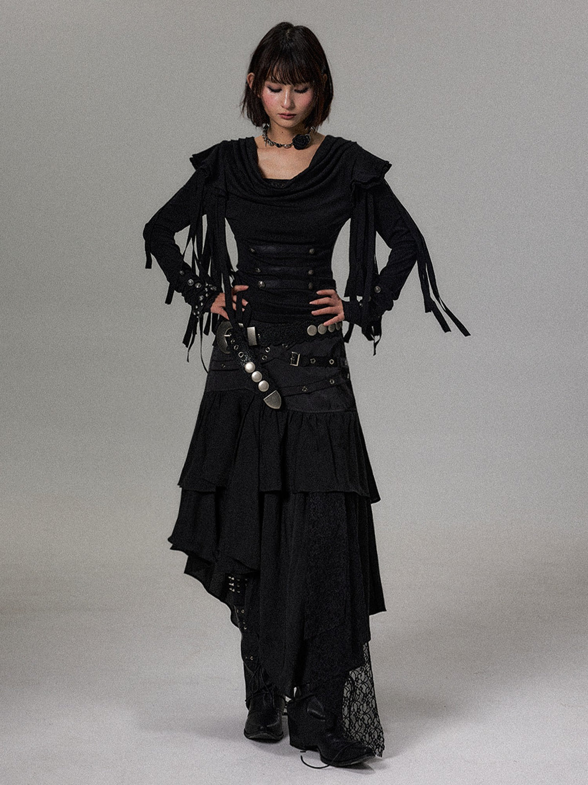 Frustration Garden Dark Court Fringe Draped Neck Ruffle Lace Button Women&
