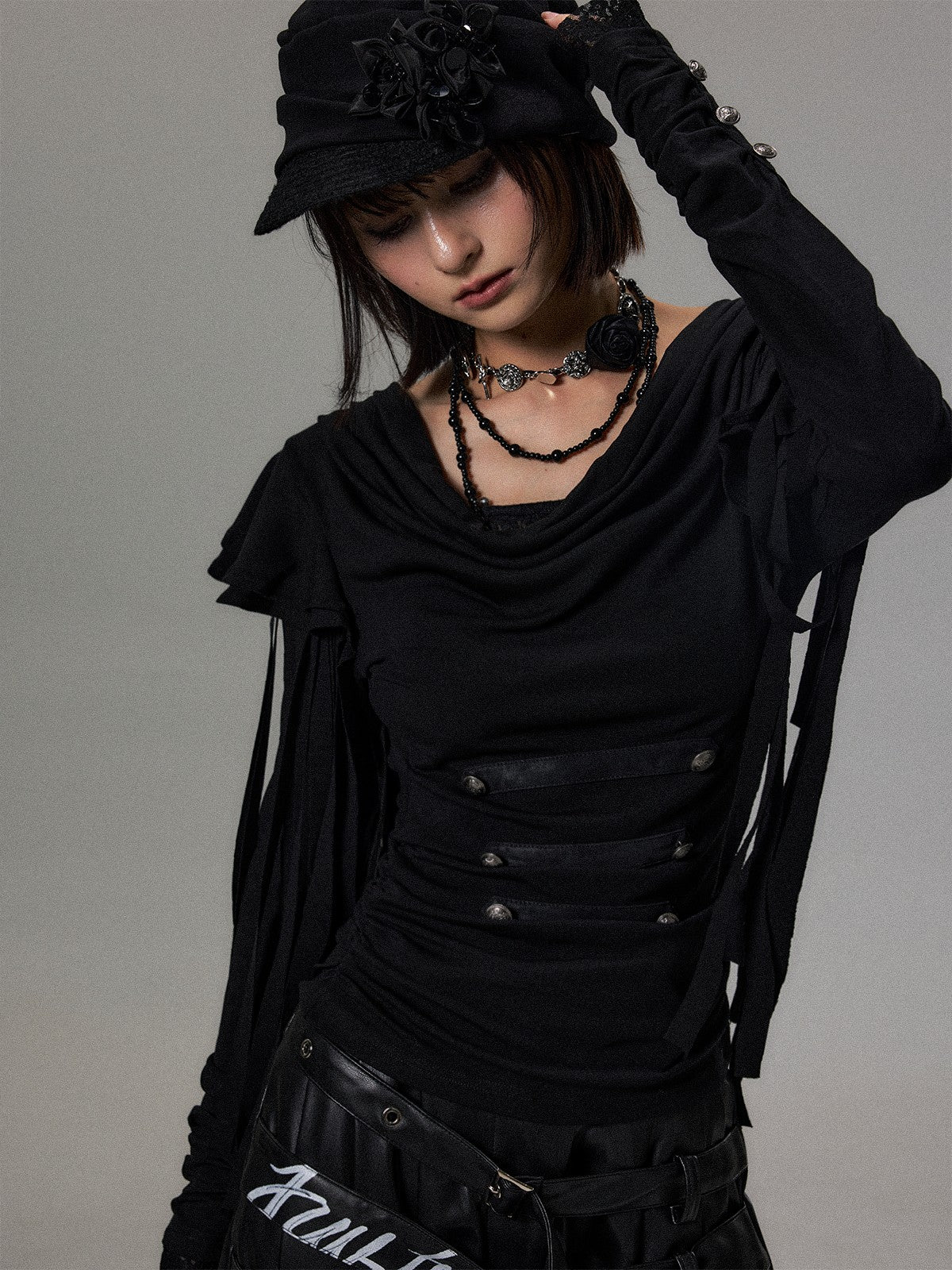 Frustration Garden Dark Court Fringe Draped Neck Ruffle Lace Button Women&