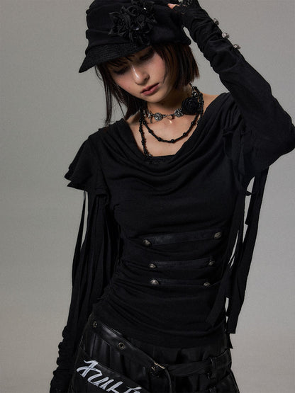 Frustration Garden Dark Court Fringe Draped Neck Ruffle Lace Button Women&