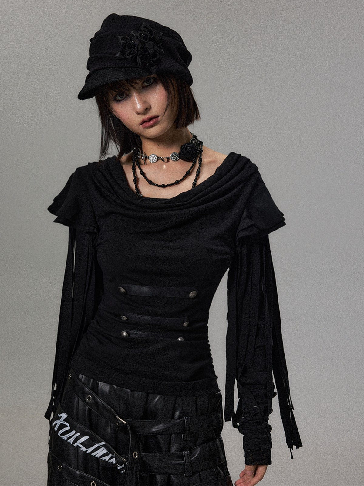 Frustration Garden Dark Court Fringe Draped Neck Ruffle Lace Button Women&
