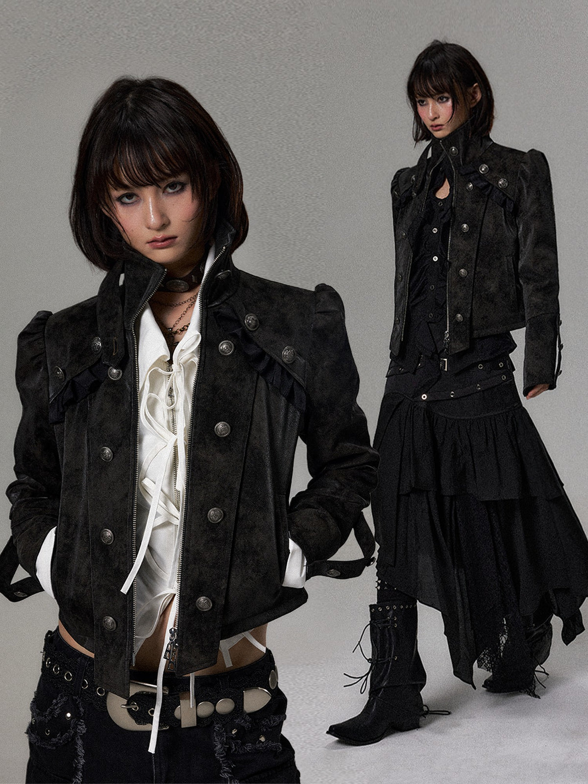 Frustration Garden Dark Court Puff Sleeve Double Breasted Suede Women&