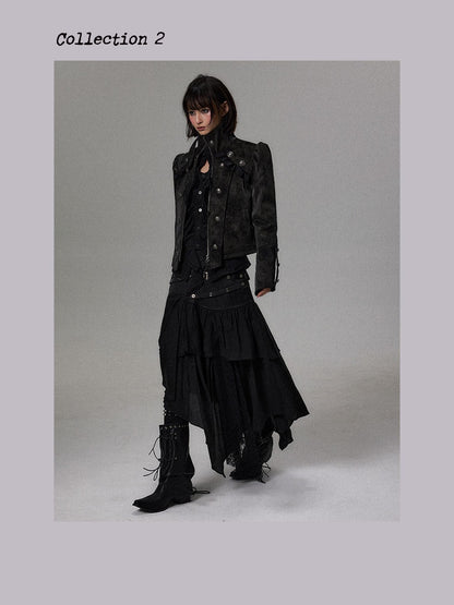 Frustration Garden Dark Court Puff Sleeve Double Breasted Suede Women&