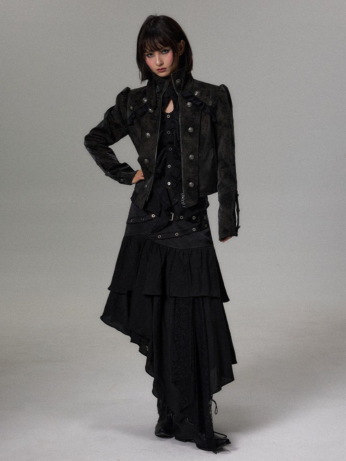 Frustration Garden Dark Court Puff Sleeve Double Breasted Suede Women&