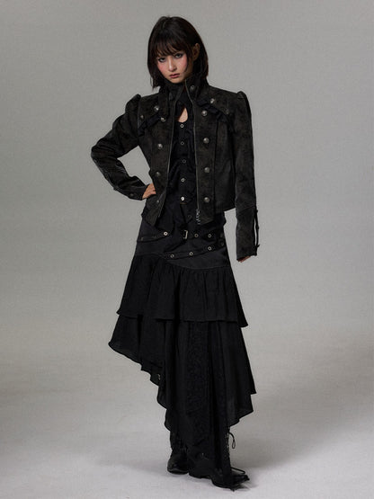 Frustration Garden Dark Court Puff Sleeve Double Breasted Suede Women&