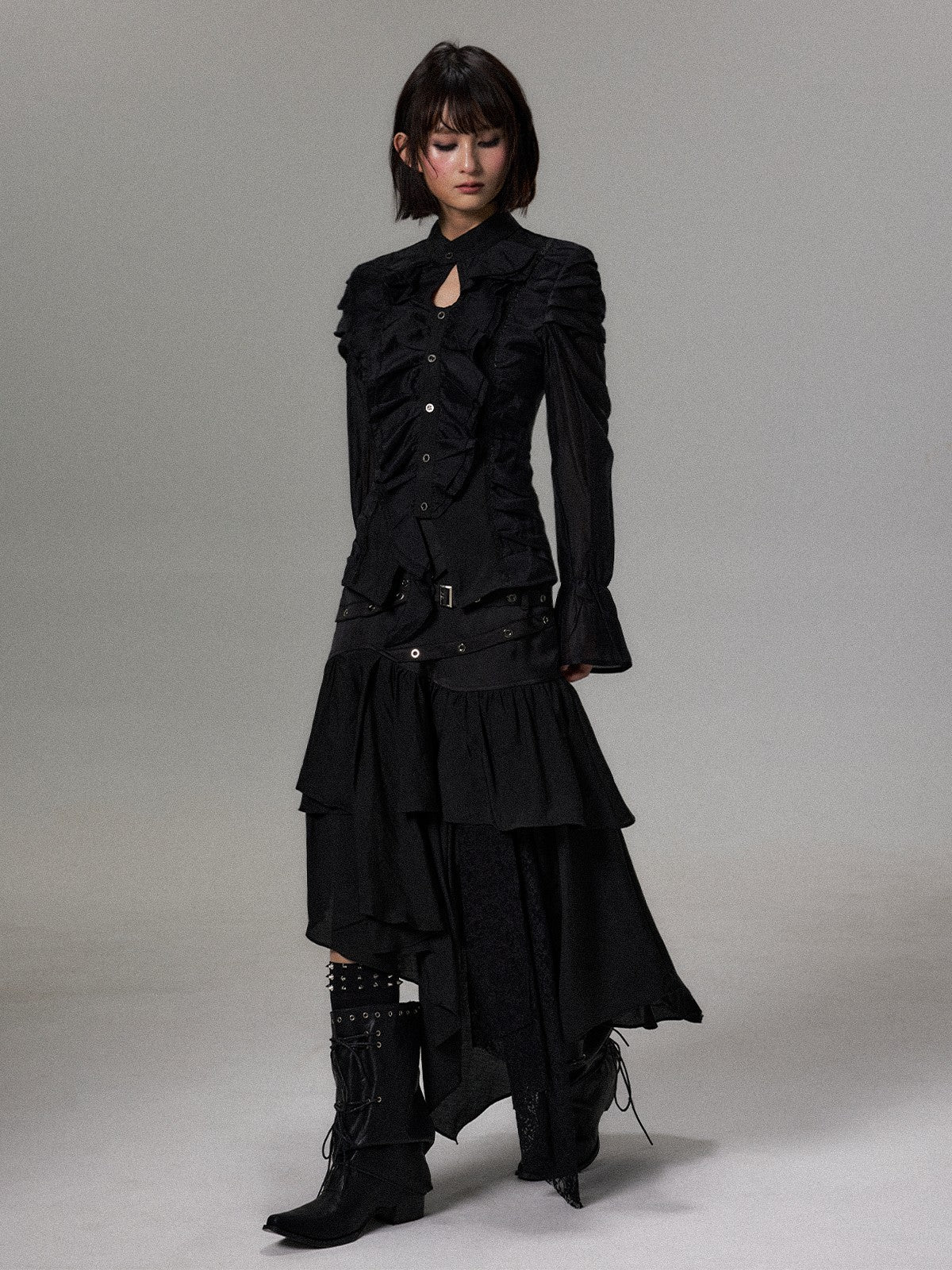 Frustration Garden Dark Court Ruffle Ruched Asymmetric Long Sleeve Women&